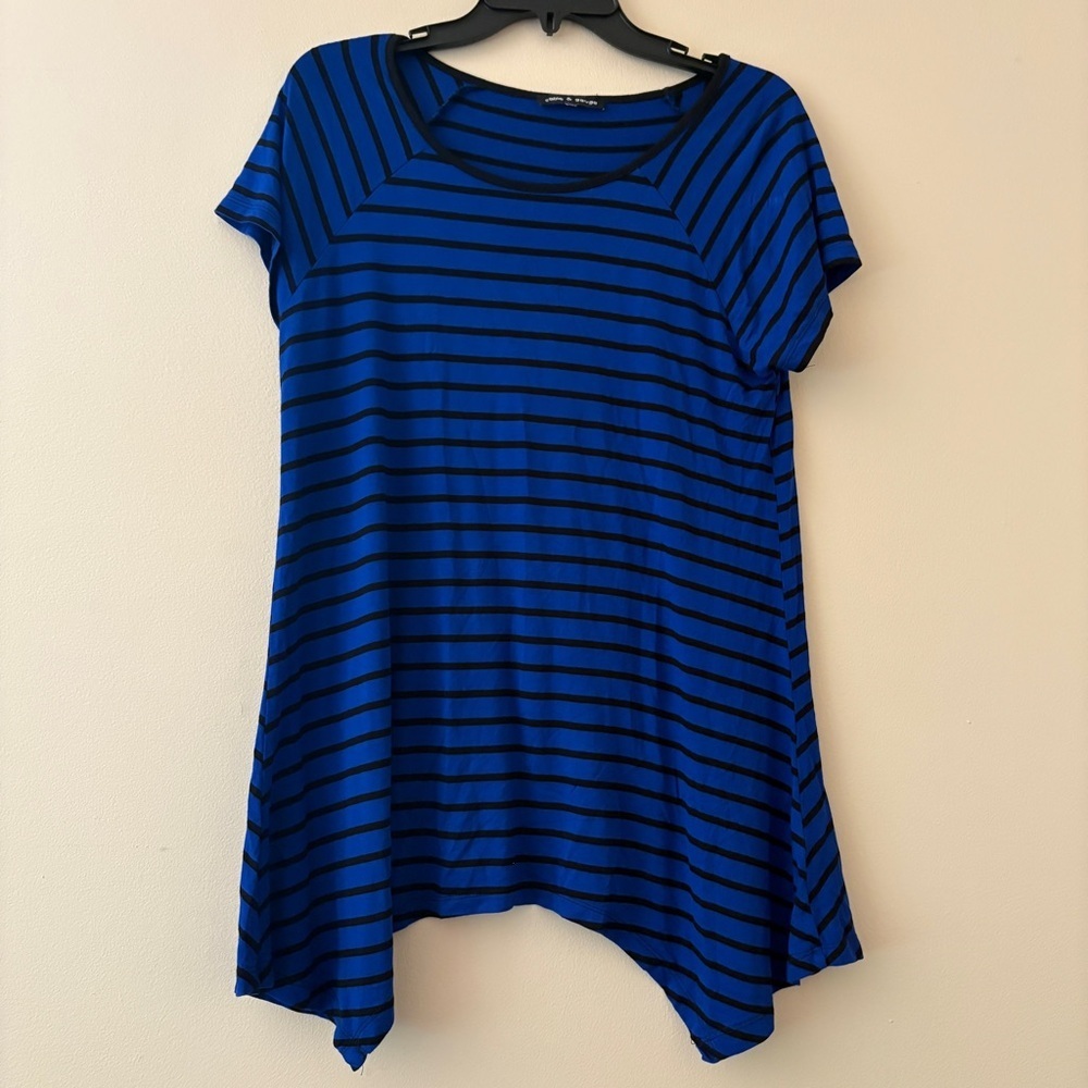 Cable & Gauge Royal Blue Black Striped Handkerchief Hem Tunic Fits L